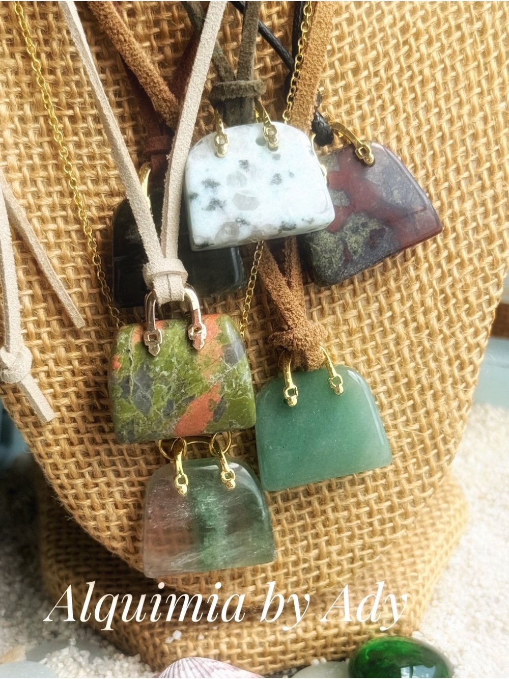 Gemstones handbag 👜 Pendant Necklaces in Green, White, Brown and Red Accents